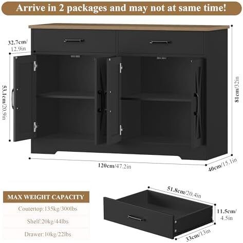 Sideboard, 120 cm Wide Kitchen Cabinet with Worktops, Kitchen Buffet Storage Cabinet with 2 Drawers and 4 Doors, Living Room, Kitchen, Hallway, Black & Brown