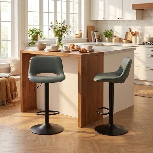 Bar Stools Set of 2 Modern Swivel Barstools, Adjustable Counter Height Bar Chairs Faux Leather Upholstered Counter Stools with Hollow Back for Kitchen Island, Greyish Green