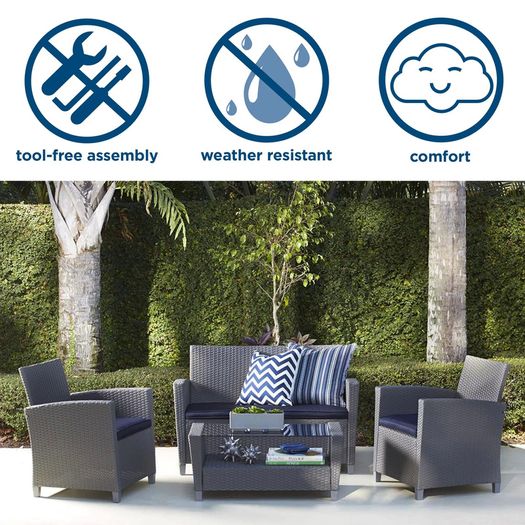 Cosco Malmo 4PC Patio Set - Grey w/ Navy Cushions - 88529GBLEUK