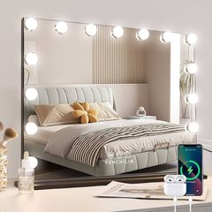 Hollywood Vanity Mirror with Type-C and USB Output Port Lighted Cosmetic Mirror with Lights & 15 Bulbs 3 Lighting Modes Tabletop and Wall Mounted