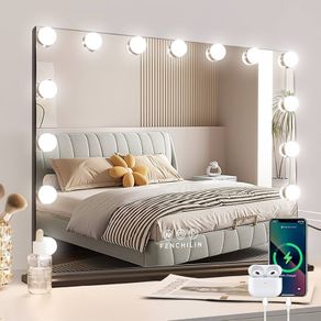 Hollywood Vanity Mirror with Type-C and USB Output Port Lighted Cosmetic Mirror with Lights & 15 Bulbs 3 Lighting Modes Tabletop and Wall Mounted