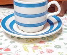 Blue and White Stripe Cup and Saucer Duo