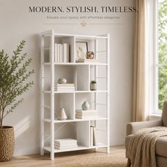Modern 5 Tier Bookcase White or Vintage Brown Book Shelf Display Storage Unit with Metal Frame