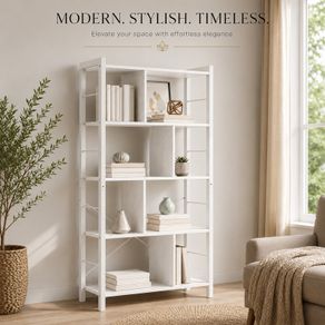 Modern 5 Tier Bookcase White or Vintage Brown Book Shelf Display Storage Unit with Metal Frame