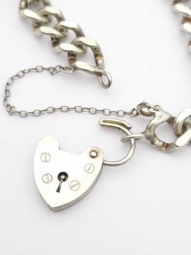 Signed Chunky Curb Chain Heart Padlock 925 Silver Bracelet