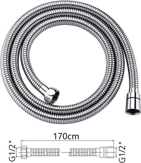 Shower Hose 1.7m, Ibergrif Stainless Steel Shower Pipe Anti Twist, Anti-Kink, Leakproof Universal Standard Fit G1/2 Replacement Hose with Brass Connectors and Washers, Chrome -Silver