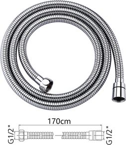 Shower Hose 1.7m, Ibergrif Stainless Steel Shower Pipe Anti Twist, Anti-Kink, Leakproof Universal Standard Fit G1/2 Replacement Hose with Brass Connectors and Washers, Chrome -Silver