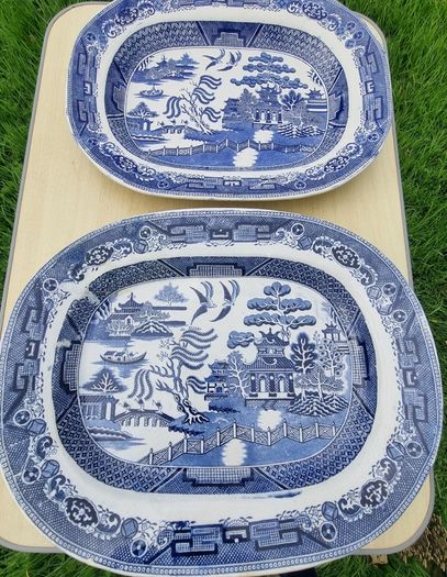 Two large Blue & White Willow Pattern Plates