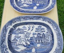 Two large Blue & White Willow Pattern Plates