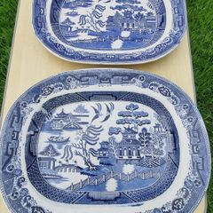 Two large Blue & White Willow Pattern Plates