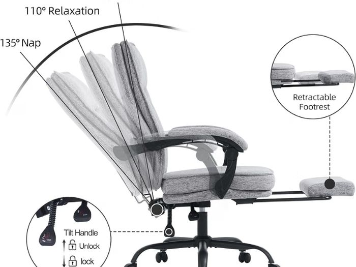 Office Chairs for Home, Ergonomic Office Chair with Footrest, 90-135 Recline, 150kg Heavy Duty Fabric Computer Desk Chair with Linkage Armrests, Adjustable Height for Napping and Gaming