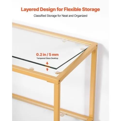 3-Tier Glass Console Table, Modern Rectangle Sofa Side Table with Tempered Glass Top and Iron Legs, Golden Consloe Desk with Anti-Tip Device for Living Room, Hallway, Entryway, Foyer, Golden