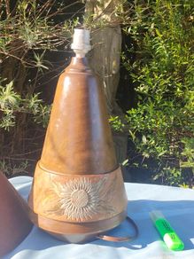 Art Deco solid wood lamp with metal floral inlays