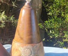 Art Deco solid wood lamp with metal floral inlays