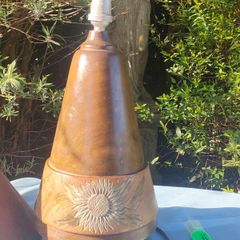 Art Deco solid wood lamp with metal floral inlays