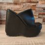 Brand New Open Peep Square Toe Extreme Platform Wedge Heel Mule In Black Faux Leather Image 3