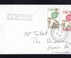 1967 Ireland Europa (CEPT) Commemorative Stamps Plain envelope First Day Cover (FDC) with Luimneach (Limerick) cancel