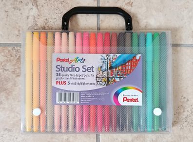 Pentel Arts Studio Set 40 Pens (35 Quality Fibre Tips + 5 Vivid Highlighters) New