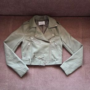 New STRADIVARIUS Olive Green Leather Jacket size XS