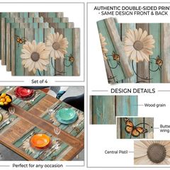 Set of 4 Rustic Sunflower Wood-Style Placemats