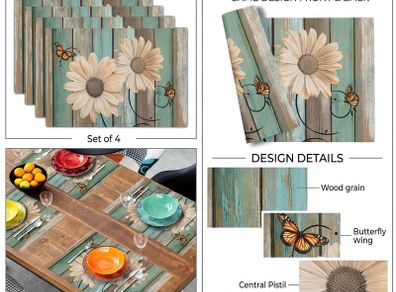 Set of 4 Rustic Sunflower Wood-Style Placemats
