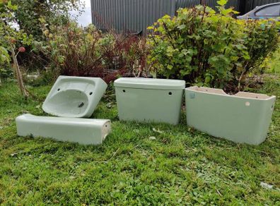 Avocado green sink and pedestal, 2 cisterns ,1 with no lid.