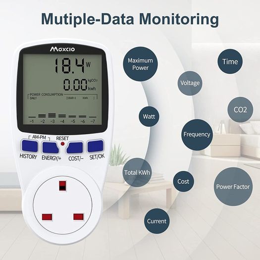 Dual Tariffs Electricity Usage Monitor Power Meter Energy UK Plug with Backlight, Maxcio Upgrade Watt Meter Power Consumption Analyzer, Voltage Amps Wattage KWH Energy Saving Meter Outlet Socket 2P