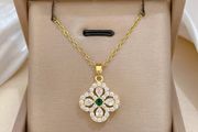 Emerald Stone Four Leaf Clover Crystal Necklace