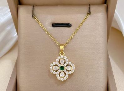 Emerald Stone Four Leaf Clover Crystal Necklace