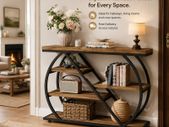 Console Table  Rustic Brown & Black 5-Tier Hallway Table with Geometric Metal Frame