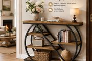 Console Table  Rustic Brown &amp; Black 5-Tier Hallway Table with Geometric Metal Frame