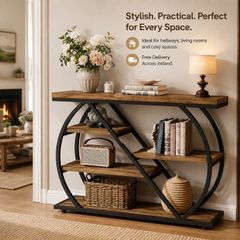 Console Table  Rustic Brown & Black 5-Tier Hallway Table with Geometric Metal Frame