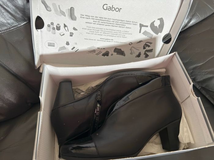 Gabor Enfield Black Patent Womens Ankle Boots in box.