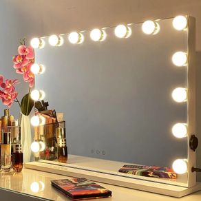 Hollywood Mirror Make-Up Mirror with Lighting, Dimmable, 15 Bulbs, 3 Colour Modes, Touch Control, Table Mirror, Cosmetic Mirror, USB Charging Port, 58 x 43 cm, White
