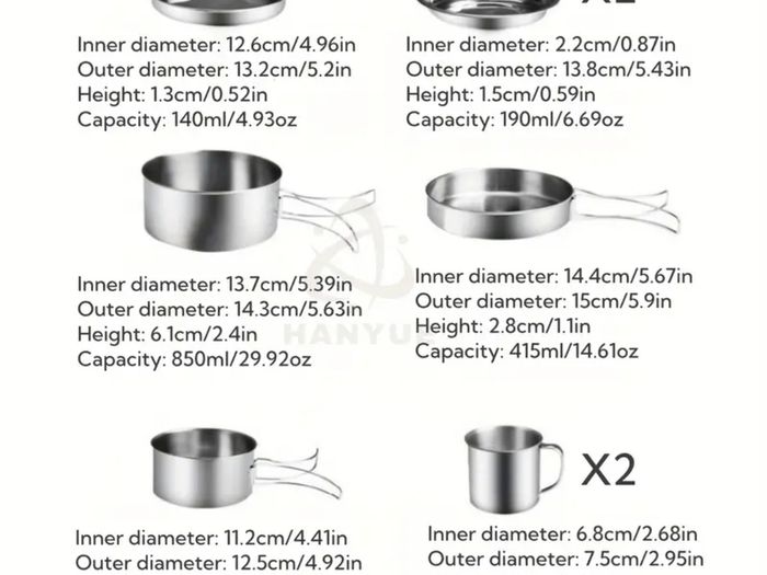8 pieces camping cookware set. Compact and lightweight