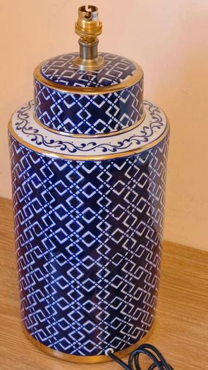 Large Ceramic Forino Blue Glazed Patterned Table Lamp with Shade