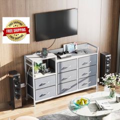 Chest of Drawers Bedroom, 8 Fabric Drawers, Light Grey, 30x132x88cm