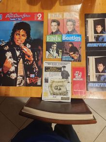 Music Memorabilia Lot. 3 X Elvis Magazines I X Beatles Magazine.  2 X Shaking Stevens Magazines.  Recruitment  Poster For Michael Colins. All In Good Condition.  See Photos For Same.