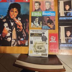 Music Memorabilia Lot. 3 X Elvis Magazines I X Beatles Magazine.  2 X Shaking Stevens Magazines.  Recruitment  Poster For Michael Colins. All In Good Condition.  See Photos For Same.
