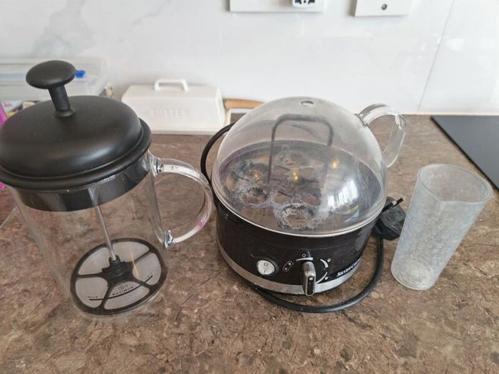 Egg boiler + glass french press coffee pot/milk frother