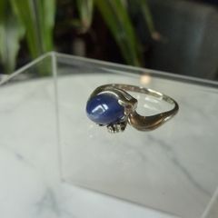 Star Sapphire and Diamond Ring, Strong Centred Star, 14K White Gold