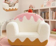 Toddler Chair  Kids Chair for Ages 1 to 6, Pink & White Ice Cream Sherpa Seat with Book Pocket  Carry Handle, Comfy Foam  Single Seat Kids Couch Sofa, Embroidered Gift for Girls