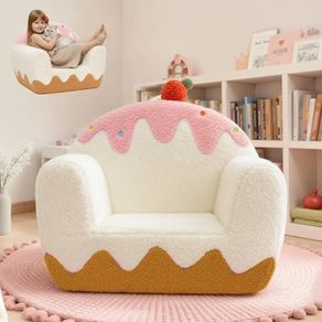 Toddler Chair  Kids Chair for Ages 1 to 6, Pink & White Ice Cream Sherpa Seat with Book Pocket  Carry Handle, Comfy Foam  Single Seat Kids Couch Sofa, Embroidered Gift for Girls