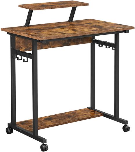 Computer Desk with Wheels with Monitor Attachment 6 Hooks 80 x 50 x 90 cm Industrial Design Vintage Brown/Black