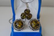 Vintage Baltic Amber Sterling Silver Necklace and Clip-On Earrings Set