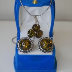 Vintage Baltic Amber Sterling Silver Necklace and Clip-On Earrings Set