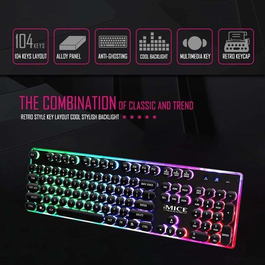 New iMICE AK-700 Retro Punk Backlight Wired USB Gaming Keyboard Black