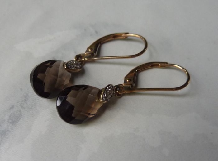 9ct Gold Smoky Quartz and Diamond Drop Earrings, Leverback, 1.58g