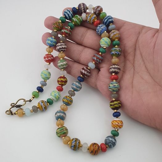Antique Venetian Style MultiColor Stripe`Pattern Glass Beads Necklace