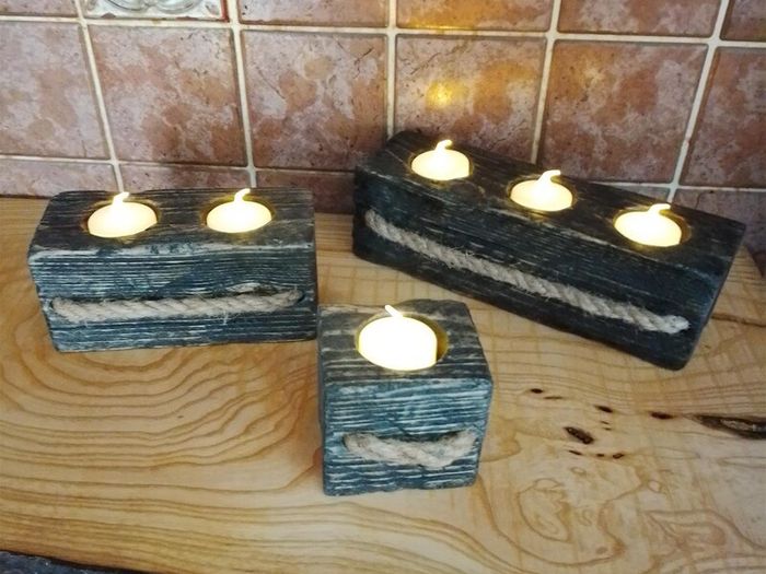 Handmade Reclaimed Wood Tealight Holders, Hard Wax Oil Set (+ 6 LED Lights)
